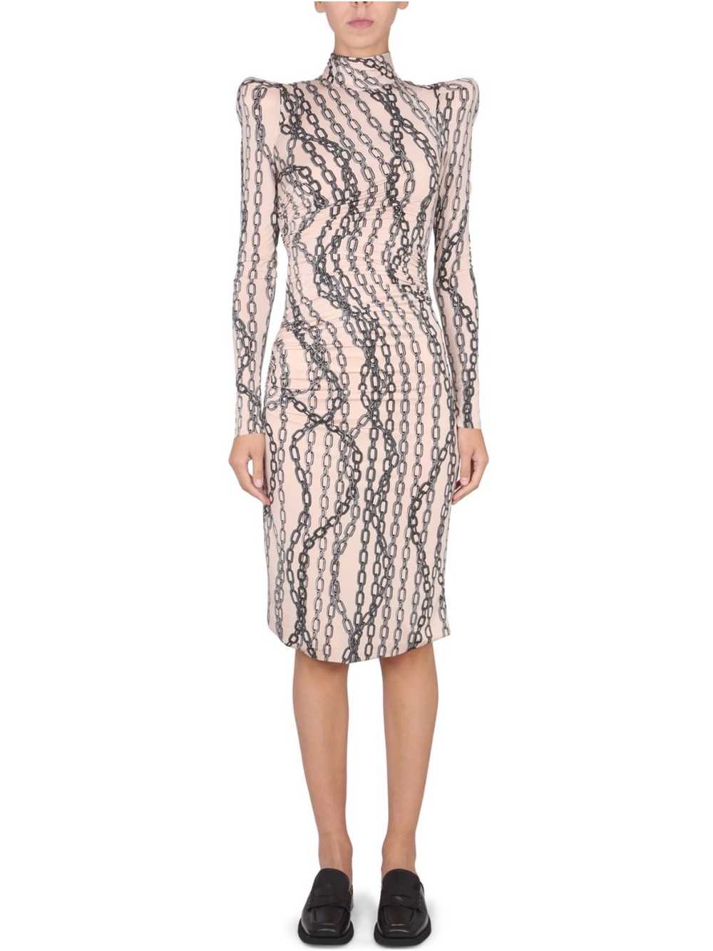 Philosophy: Beige Chain-Print Long Sleeve Midi Dress body-con Lady Gaga